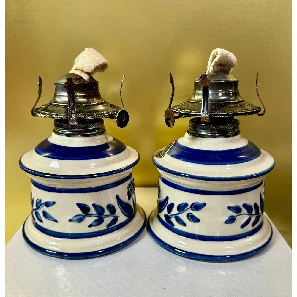 Vintage Lamplight Farms Blue & White Ceramic Oil Lamp Bases - Pair of 2